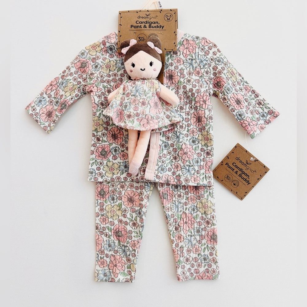 🌸 Dreamgro Floral Cardigan, Pant & Buddy Set | NWT | 0–3 Months 🌸 - Picture 3 of 6
